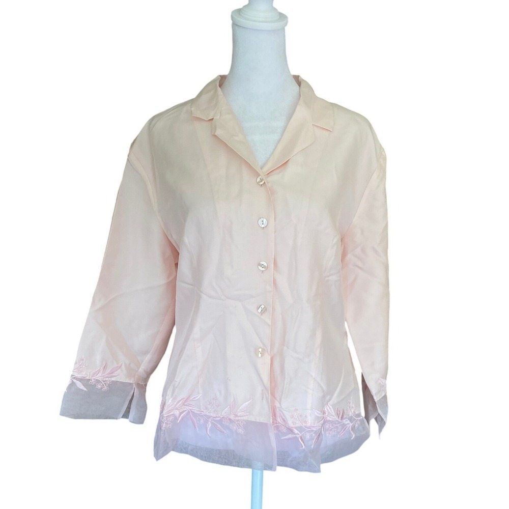 Y2K 100% Silk Embroidered Button Up Pink Blouse Sheer Trim Medium Fairy Femme